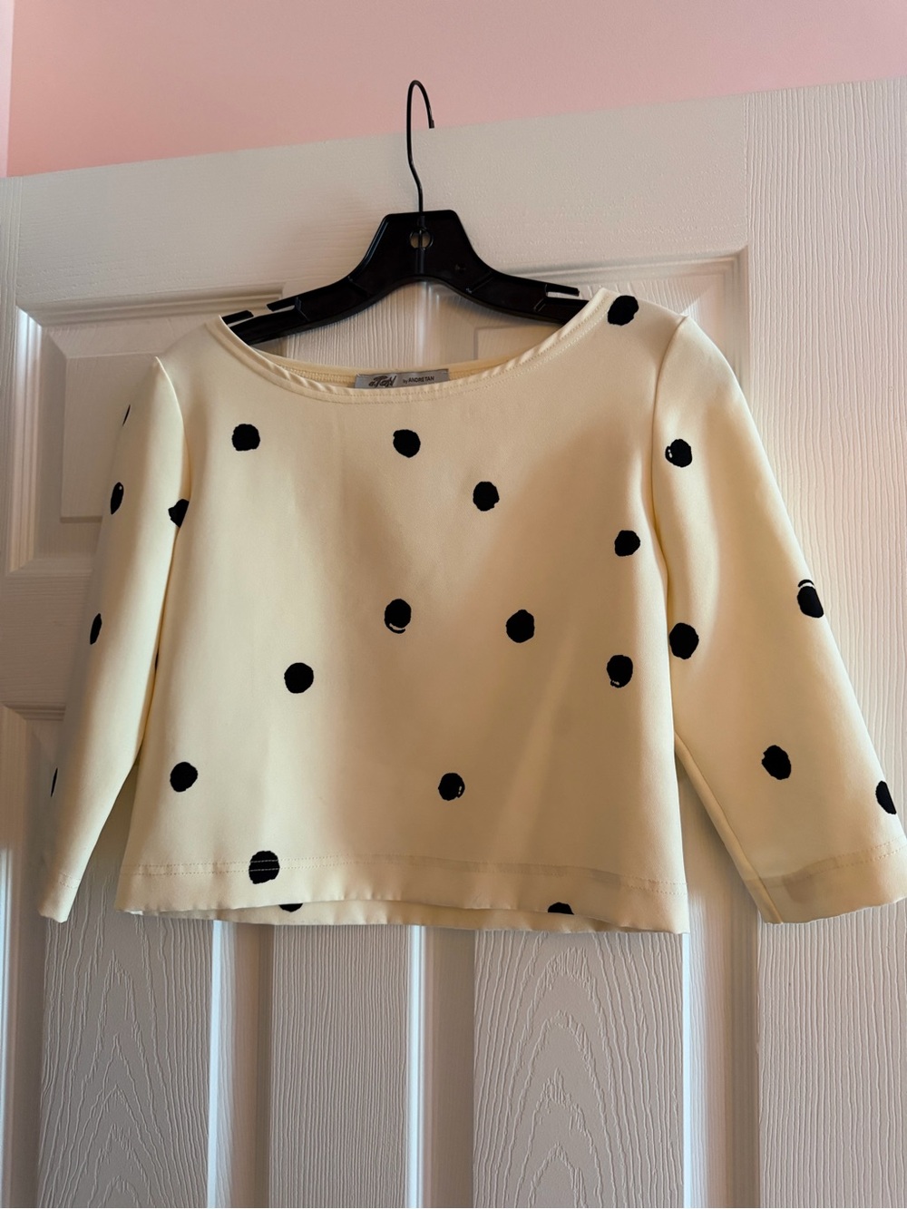 Cream Polka Dot Crop Top with Three-Quarter Sleeves